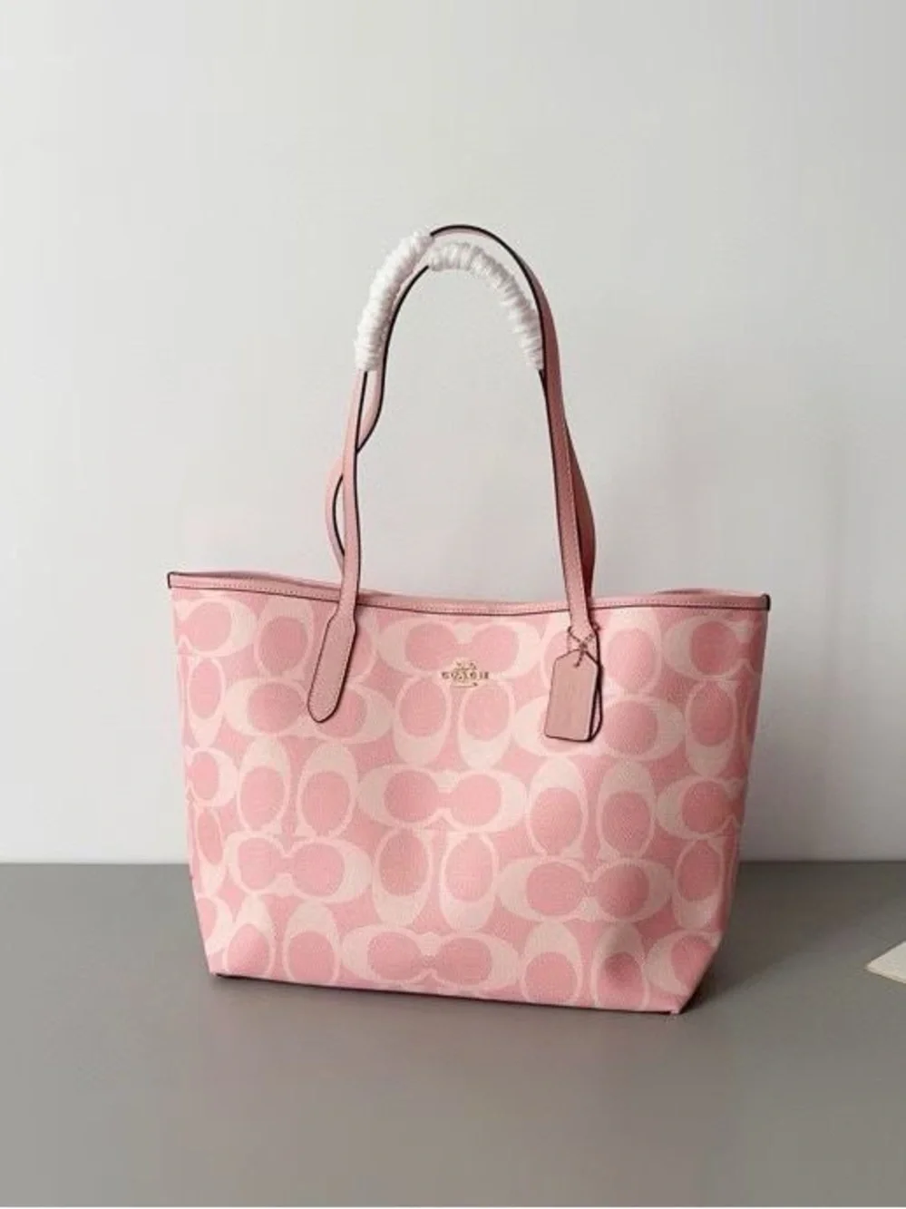 Coach Pink Signature Canvas Tote with Leather Handles